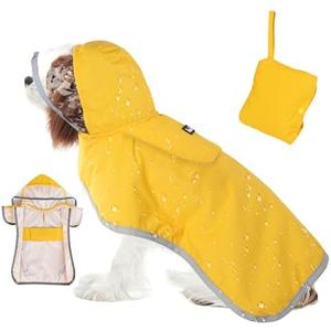 SlowTon Dog Raincoat, Adjustable Dog Rain Jacket Clear Hooded Double Layer, Waterproof Poncho with Reflective Strip Straps and Storage Pocket for Small Medium Large Dogs(M)
