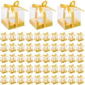 96 Pieces Individual Cupcake Boxes Single Cupcake Container Clear Cupcake Carrier Plastic Cupcake Storage Cupcake Holder with Ribbon and Insert for Wedding Birthday Party Favor, 3.5 x 3.5 x 3.5(Gold)