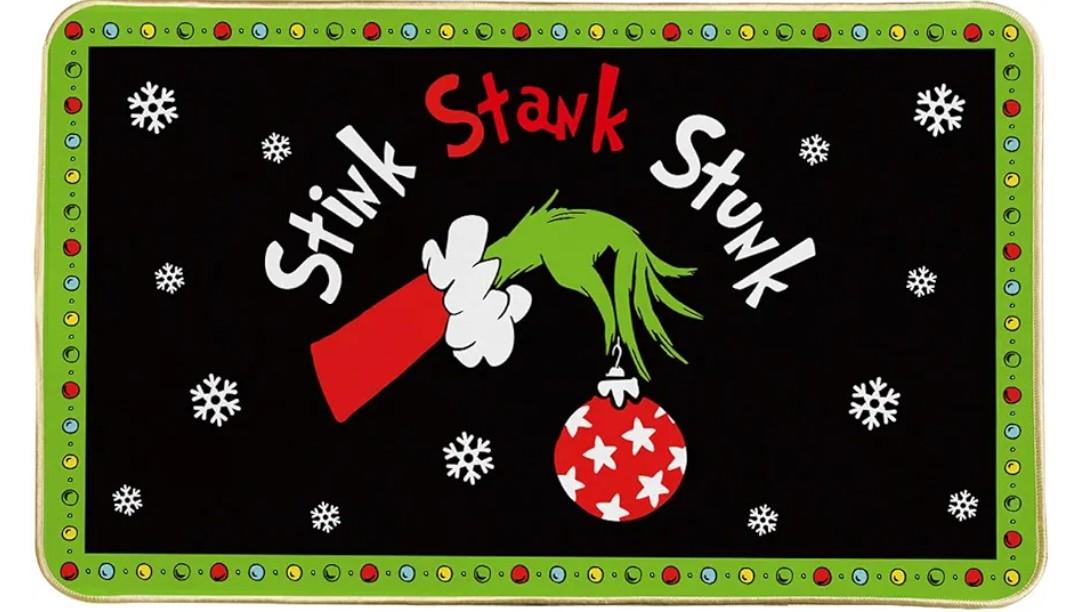 Funny Christmas Door Mat, Stink Stank Stunk Christmas Welcome Mat with Non-Slip Backing, Holiday Door Decor Bathroom Garden Entryway Doormat, Holiday Indoor Outdoor Decorations, White Elephant Gift
