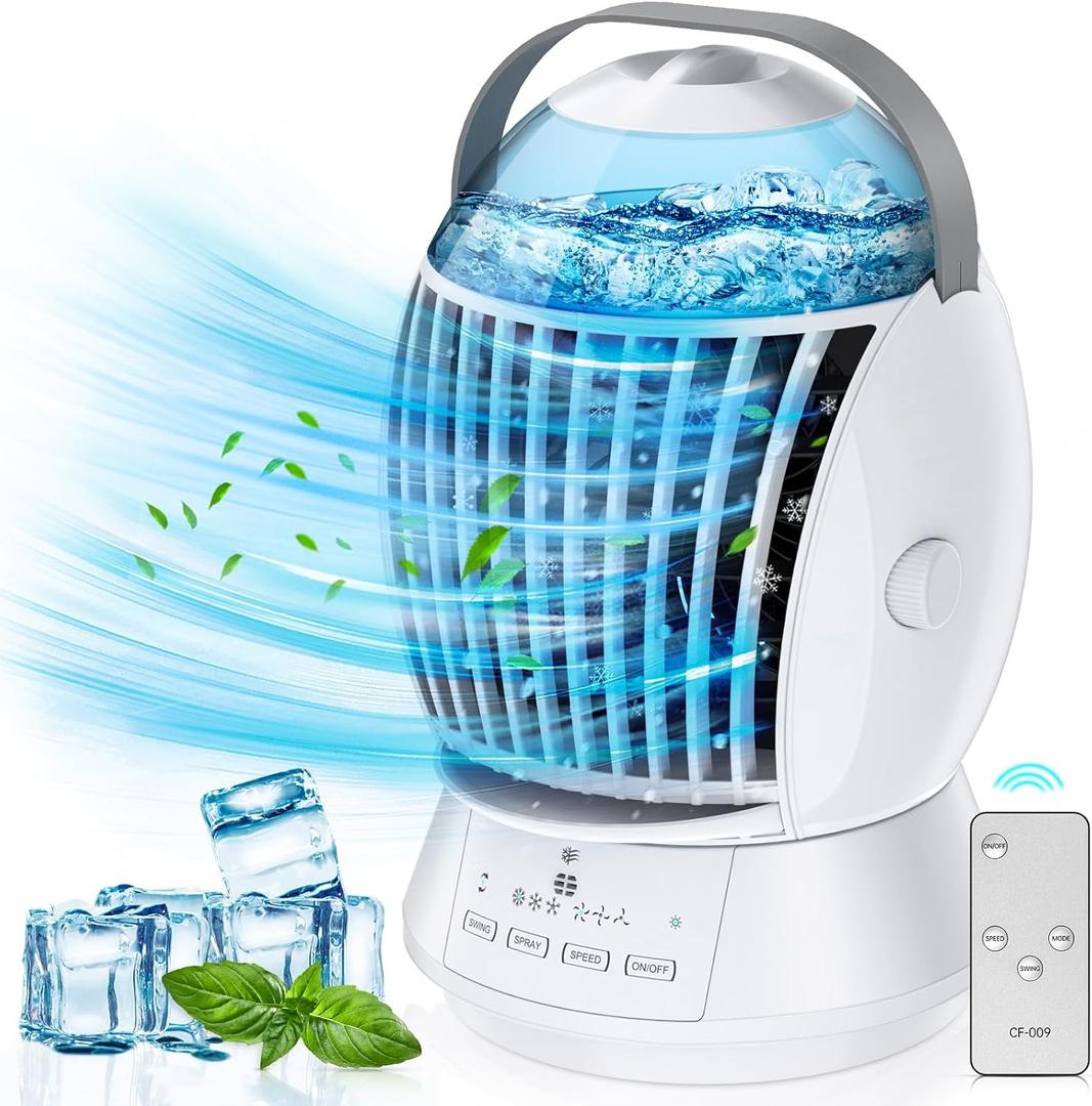 Portable Air Conditioners Fan, 3 Speeds Evaporative Air Cooler with remote, Multi-angle Adjustable Wind, Lightweight, Quiet, Personal Mini Cooling Fan for Room Bedroom Office Tent Caravan