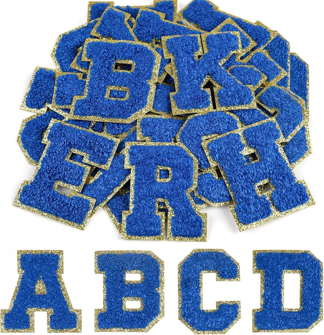 CHRORINE 26/52/104 Pcs Self Adhesive Chenille Letter Patches A-Z, Also Supports Sew or Iron on, Embroidered Alphabet Patches Stickers for DIY Clothing, Bags, Hats (52, Dark Blue, Height 2.16)