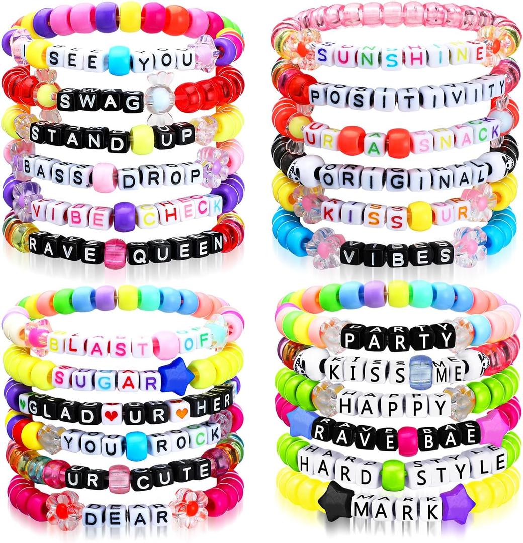 24 Pcs Music Party Bracelets Rave Kandi Bracelets Wear and Trade Handmade Party Trinkets Vibes Alphabet Plur Music Festival Accessories Different Phrases Every Time for Women Men