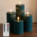 Green Ribbed Flameless Pillar Candles with Remote, Flat Top Flickering LED Wax Battery Candles Set of 4,  3" H 4" 5" 6" 8"