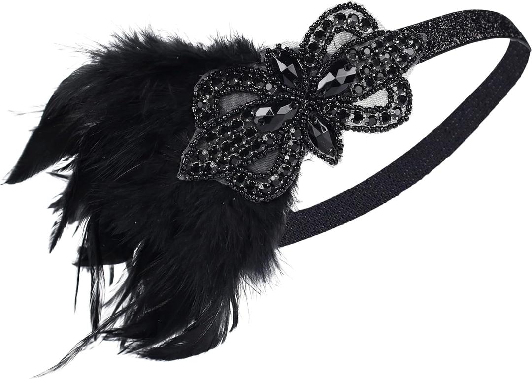 Women flapper feather headband for 1920s theme party Gatsby Headpiece for 20S Party (Black Crystal,Black Feather)