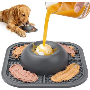PetsHome Slow Feeder Dog Bowls & Lick Mat for Liquid and Thick Treat, Anti-Slip Dog Lick Bowl with Interactive Rolling Ball, 5/6 Cup Pup Licking Toy for Large Medium Small Dogs and Cats Gray