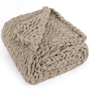 LONG CREATE Chunky Knit Throw Blanket 60"X 80", 100% Handmade with Soft Chenille Yarn, 6.7lbs Thick Cable Knitted Blankets, Large Rope Knot Crochet Throws for Couch Sofa Bed Home Decor, Taupe