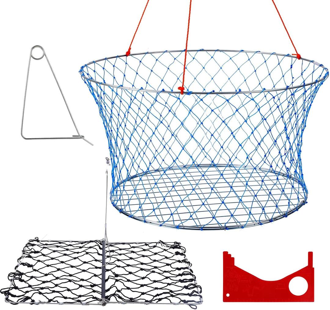 SATINIOR Crab Ring Trap Foldable Crabbing Net Kit 24” x 20” x 12”& 18” x 11” with Crabs Gauge, Harness, Rope & Bait Clip for Blue Crabs, Crawfish Portable Crabbing Equipment
