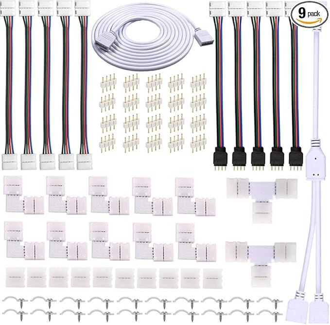 4 Pin LED Strip Connector Kit for 5050 RGB(NOT RGBIC) 10mm LED Light Strip,Include 8 Types of Solderless Accessories,Provide Most of Parts for DIY Lighting Project