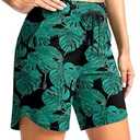 G Gradual Women's 7" High Waisted Swim Board Shorts with Pockets Quick Dry Beach Swimming Shorts for Women with Liner(Leaf, L) 