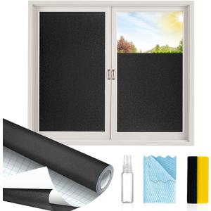 Total Blackout Window Privacy Film with Installation Tools, 100% Light Blocking Heat Control Static Cling, Room Darkening Opaque Window Cover, 23.6 Inch X 9.8 Feet
