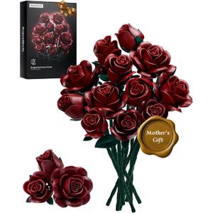 iATOM Burgundy Red Rose Bouquet Building Set, 12Pcs Flower Botanical Collection Kit for Adult, for Her/Girlfriend/Mom/Wife/Couple, Vintage Home Office Table Centerpiece Decor