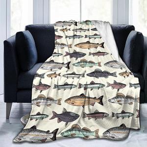 Vintage Fish Blanket Soft Lightweight Throw Blankets Cozy Flannel Bed Throws for Sofa Couch Travel Home Room Bedroom Decor Gifts for Boys Girls Kids Adults 80"x60"