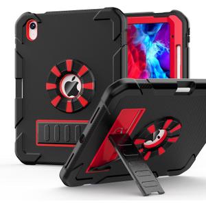BLOSOMEET for iPad A16 Case 11th Generation 11" 2025 & 10th Generation 10.9" 2022, Shockproof Rugged Cover with Pencil Holder & Stand for iPad 11/10th Gen, Hard iPad 11 inch Case for Kids, Black-Red