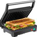Panini Press Grill, 1000W Sandwich Maker with Non-Stick Coated Plates, Opens 180 Degrees for Any Size of Food, 3-in-1 Sandwich Press Electric Grill, Stainless Steel Surface and Removable Drip Tray (Black)