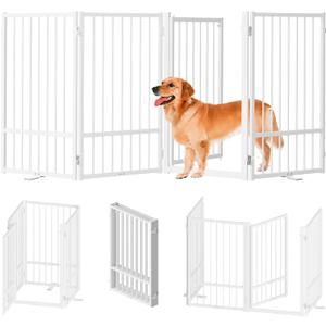 Full Metal Freestanding Dog Gate with Door, 32''Height Foldable Pet Dog Fence for Indoor & Outdoor, 4 Panels Extra Wide Free Standing TallDog Gates for Doorways,House,Stairs,Porch,Deck,Yard (White)