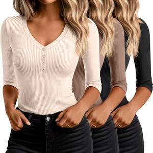 Ficerd 3 Pack Women's 3/4 Sleeve Henley Shirts, Cotton V Neck Ribbed Knit Slim Fit Shirts Tight Basic Tee (Large, Black, Mocha, Apricot)