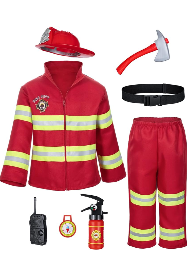 Kids Fireman Firefighter Costume Toys with Complete Accessories for Boys Girls Birthday Halloween Party Dress Up 10-11years