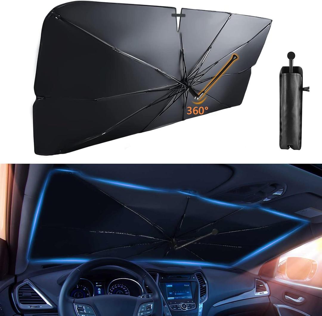 Car Windshield Sun Shade Umbrella for Most Vehicles, 2025 Upgraded Sunshade Cars Windshield Umbrella with 360 Bendable Handle for Protect Car Interior, Full Cover Shade UV/Block Heat, 57x33 in