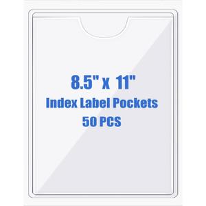 Origin-Joy Pack of 50 Self-Adhesive Index Label Pockets, Clear Plastic Peel & Stick Card Holders with Top Open for Loading (8.5 x 11 inch)