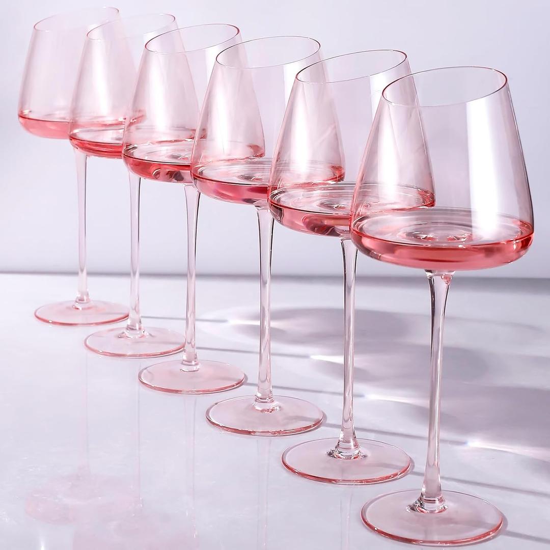 Pink Wine Glasses Set of 6, 18 oz Large Stemware for Red or White Wine, Elegant Drinking Glassware for Parties, Weddings, and Home Bar Birthday Gift for Women