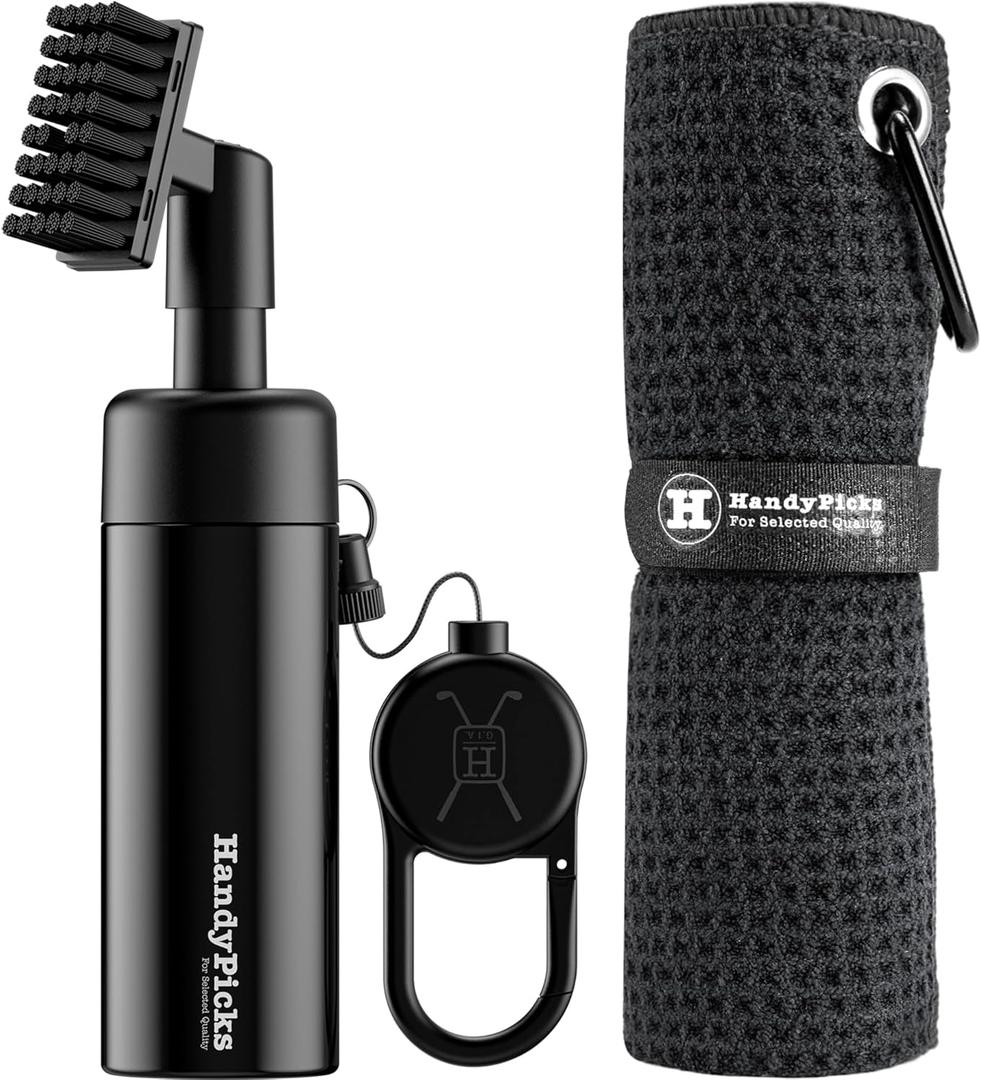 Handy Picks Golf Club Cleaner with Water Bottle Holds 5.5 OZ, Heavy Duty Metal Retractable Magnetic Clip, Waffle Microfiber Golf Towel, Ideal Water Brush Combo (Black)