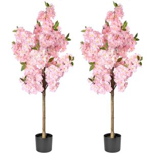 Set of 2 Artificial Cherry Blossom Trees 4FT, Faux Pink Sakura Blossom Flower Tree with Secure Heat-Fused Petals & Base, Realistic Potted Fake Plants for Home Office Wedding Indoor Decor