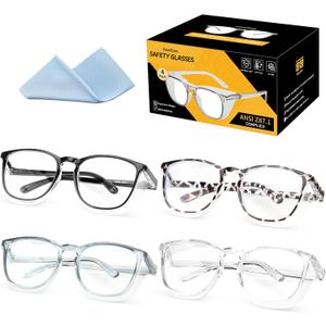 Safety Glasses Anti Fog Goggles For Women, Nurses Protective Eyewear Blue Light & UV Blocking Eye Protection Glasses (4 Pack, Black + Black Leopard + Blue + Clear)