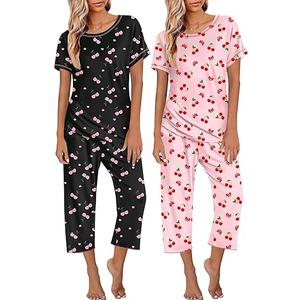 Ekouaer 2 Pack Womens Pajamas Sets Short Sleeve Tops and Capri Pants Pjs Colorful Printed Sleepwear Sets, XL