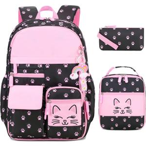 Girls Backpack, Cute Cat School Backpacks for Girls with Insulated Lunch Box Pen Case Set, Kids Backpack Kindergarten Elementary Middle School Book Bag for Teen Girl Children Students (Black Pink)