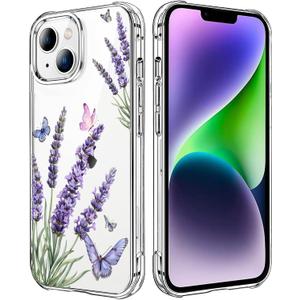 Lavender Flower Clear Case Compatible with iPhone 14 Plus, Cute Girls and Women Floral Back Case Cover, Summer Floral Transparent Flexible TPU Bumper Shockproof Protective Phone Case