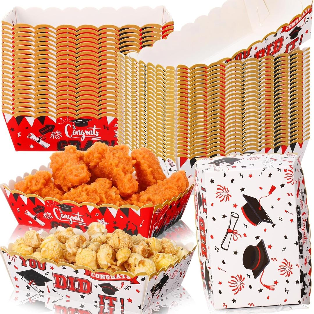 Blushtier 60 Pcs 2026 Red Graduation Paper Food Trays Congrats Grad Disposable Plates Food Holder Nacho Hot Dogs Popcorn Snacks Serving Boats for Graduation Party Decorations Supplies