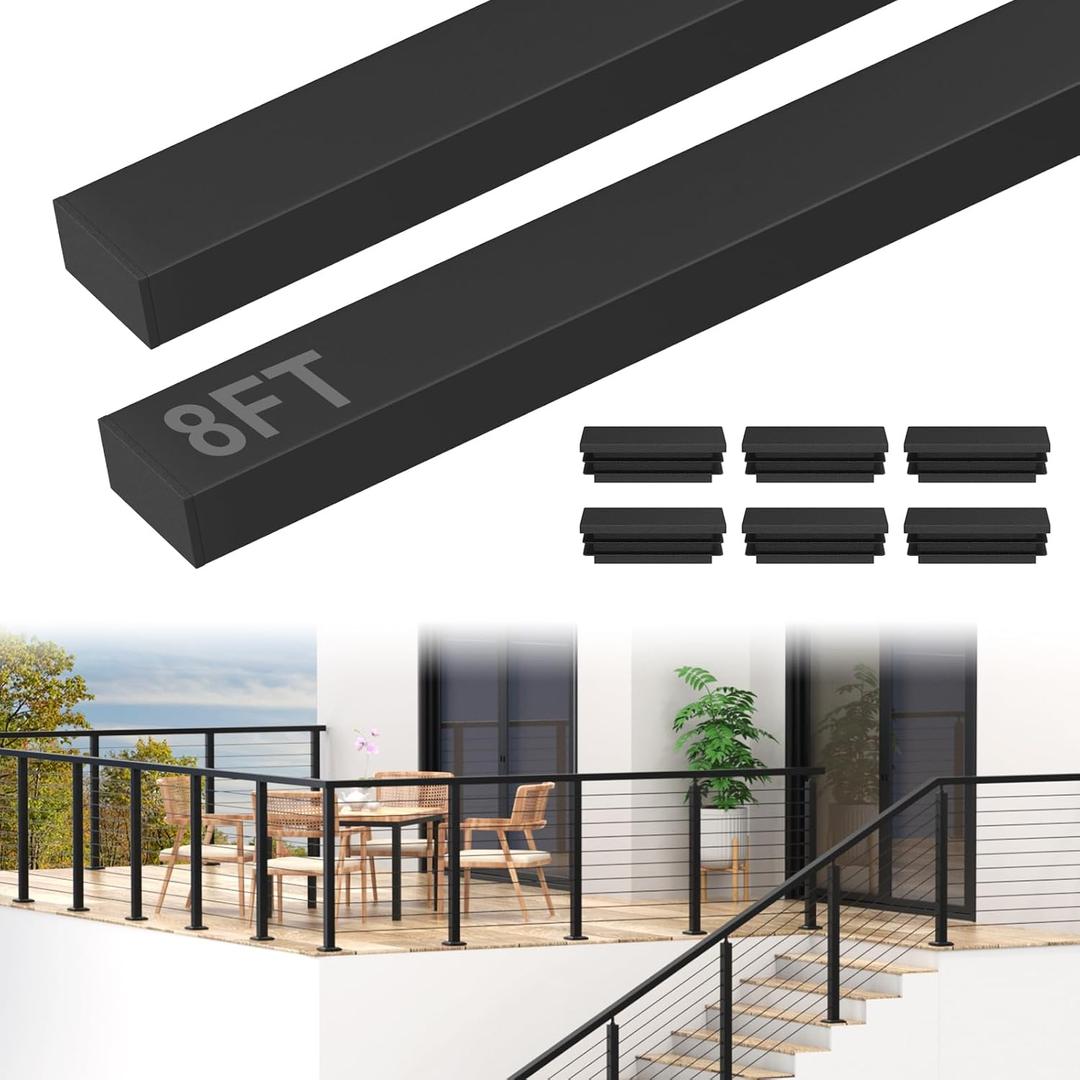 BLIKA 2Pack 8FT Stainless Steel Cable Railing Handrail, Black Rectangular Handrail Flat Top Rail with End Caps for Deck Stair Cable Railing System, Deck Hand Rails for Indoor/Outdoor, BL01-T