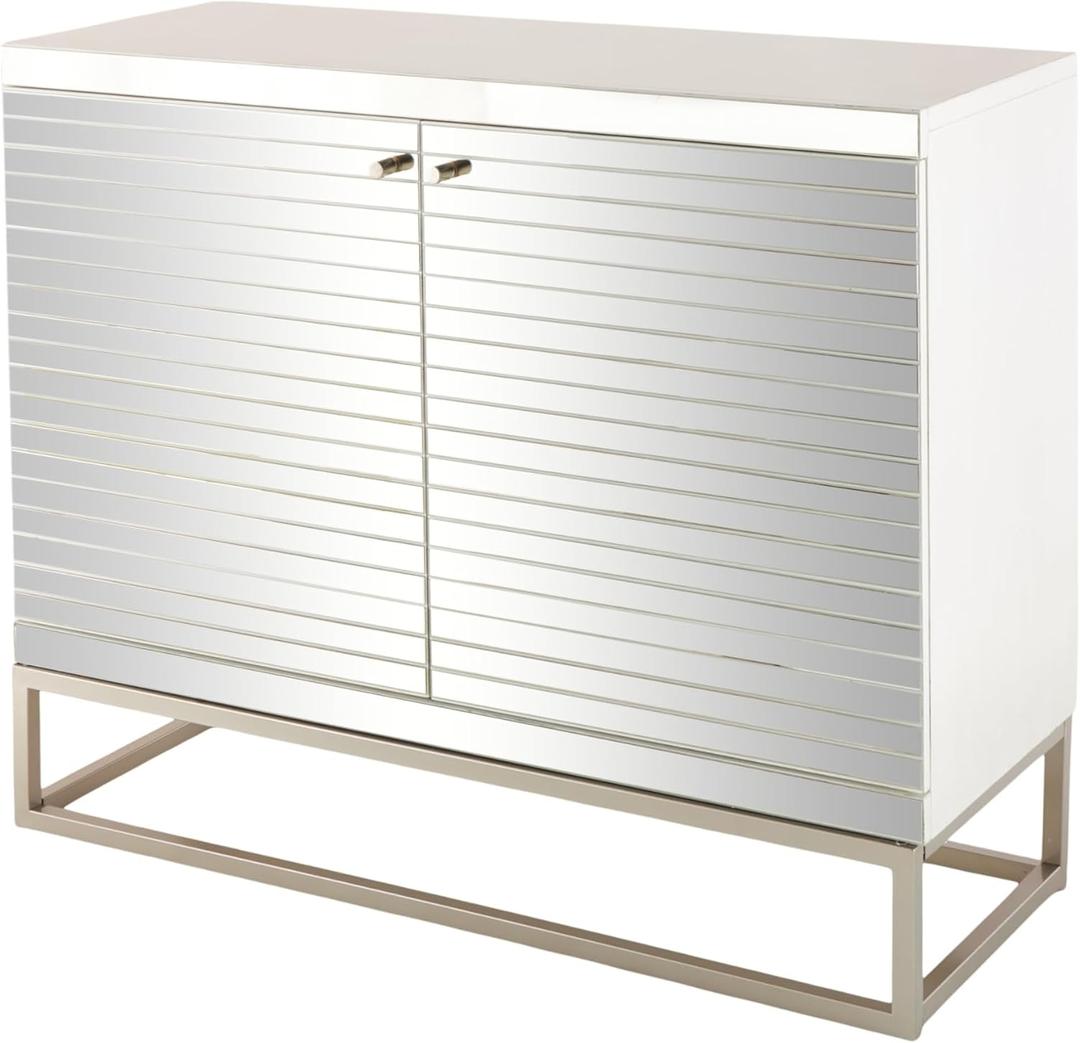 Deco 79 Glass 2 Door Cabinet with Linear Striped Panels and Gray Iron Base, 47" x 18" x 38", Silver