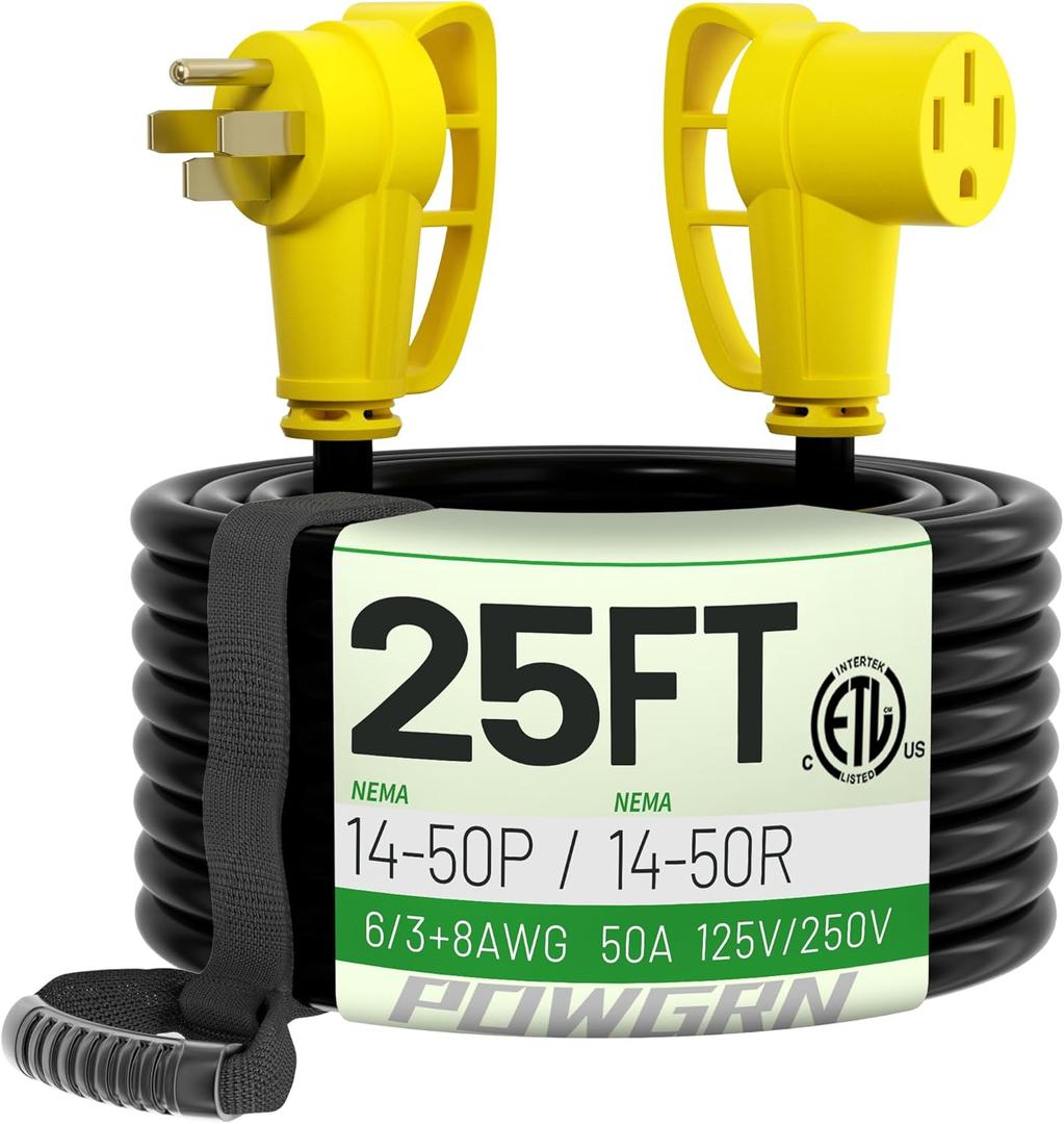 50 Amp RV/EV Extension Cord 25 FT Outdoor with Grip Handle, Flexible Heavy Duty 6/3+8/1 Gauge STW 4 Prong RV Power Cord Waterproof, NEMA 14-50P to 14-50R, Black-Yellow, ETL Listed (25 FT-50A, Yellow)