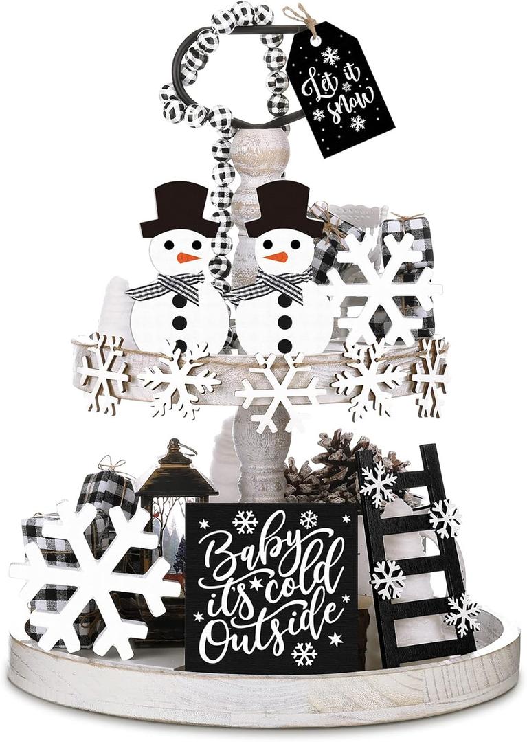 12 Pcs Winter Tiered Tray Decor Set Snowman Snowflake Table Wood Sign Farmhouse Tabletop Signs for Winter Home Table Holiday (Black White)