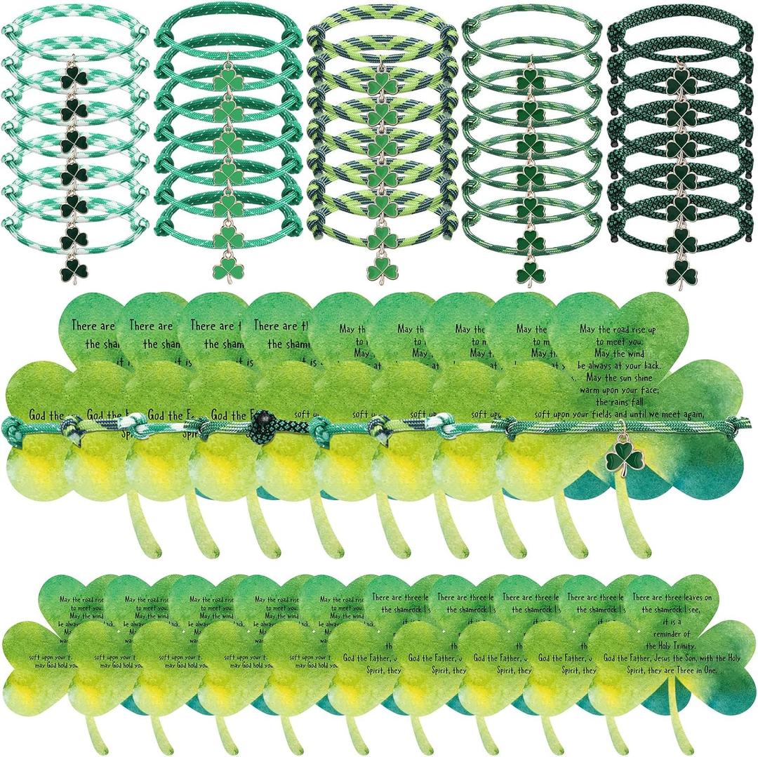 Landical 50 Sets St. Patrick's Day Party Favors Include Irish Green Clover Bracelets Lucky Charm Shamrock Pendant Bracelets Greeting Cards for Friends St. Patrick's Day Party Supplies (Clover)