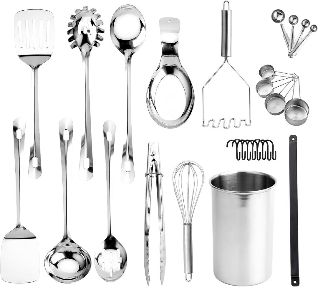 COOK WITH COLOR Kitchen Utensil Set - premium Nonstick & Heat Resistant Kitchen Gadgets, Turner, Spaghetti Server, Serving Spoons, Whisk, Tongs, Masher & Utensil Holder, 28-piece Stainless Steel