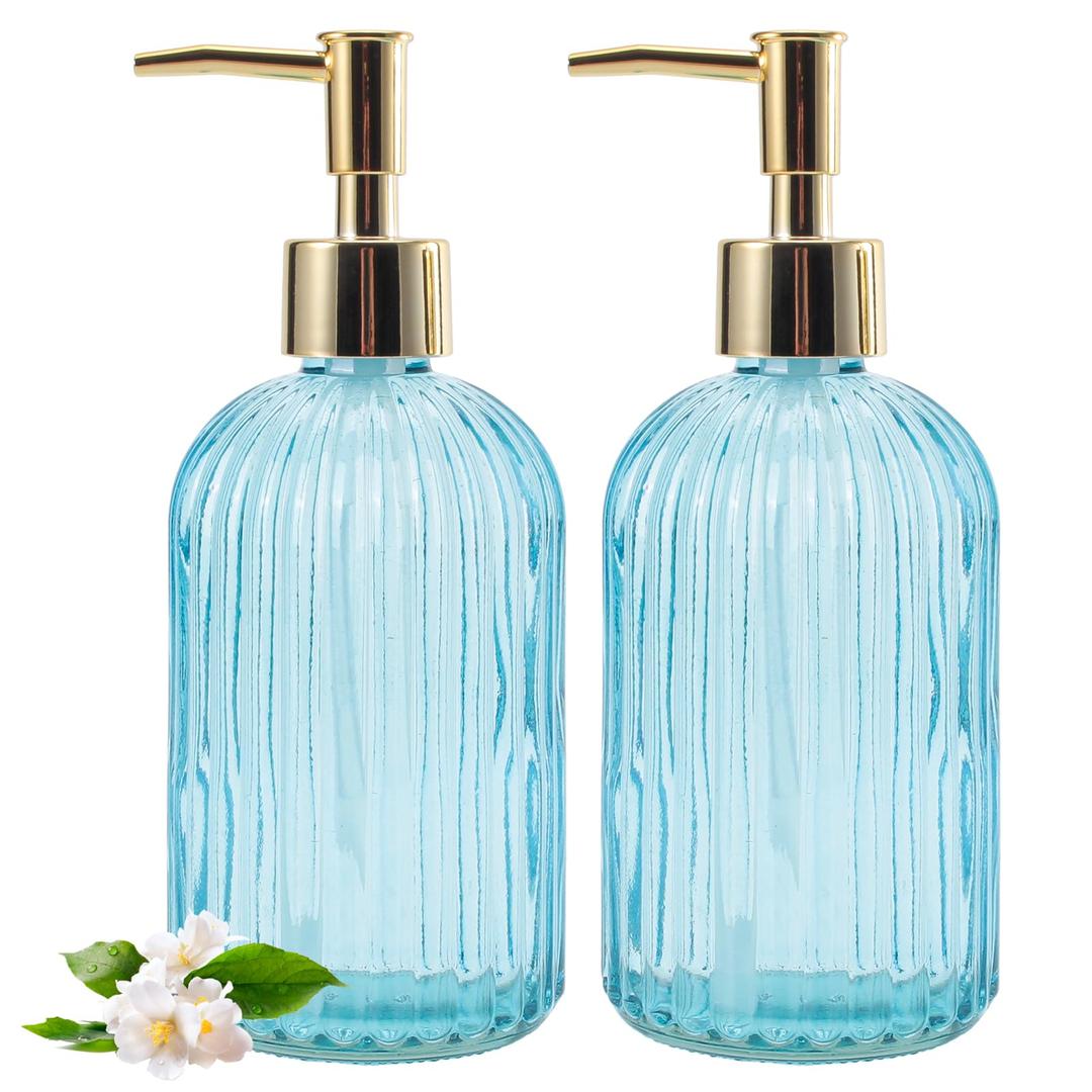 12 OZ Soap Dispenser,Pump Refillable Liquid Hand Soap Dispenser,for Bathroom,Kitchen,Dish Soap,Lotion, Stripe Soap Dispenser (Stripe Blue)