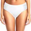 Tempt Me Women Bikini Bottoms Mid Waist Bathing Suit Swimsuit Ruched Swim Bottom (White) M