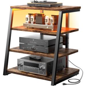 armocity 4-Tier AV Media Stand with Power Strips, Corner TV Stand with LED Lights, Rack Audio Tower with Adjustable Shelves, Corner Entertainment Center, 30'', Rustic Brown (30" (H))
