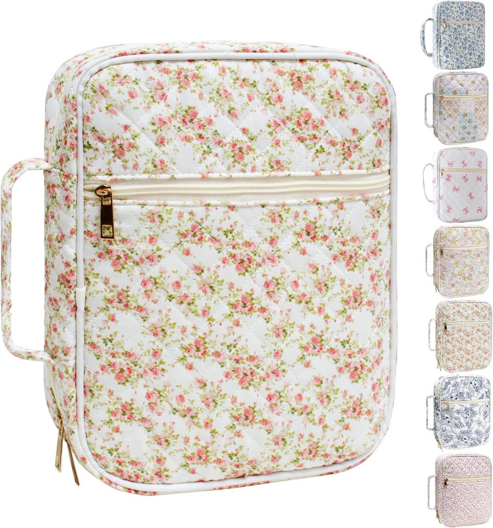 Bible Cover for Women, Large Quilted Case with Handle, Durable Bag and Carrying Case for Girls, Study Supplies Accessories, Christian Gift for Women (Siamese Rose, Large)