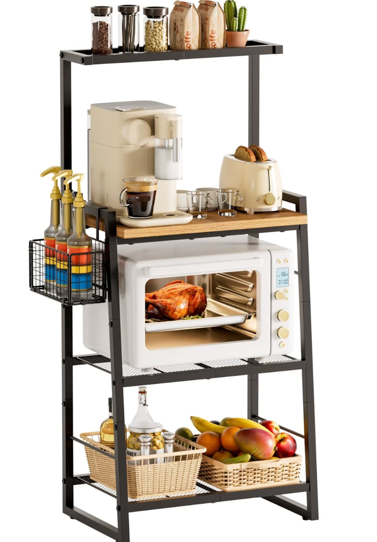 Anniper Bakers Rack with Foldable Basket, Large 4 Tiers Coffee Bar Station, Kitchen Microwave Stand with Storage, Metal Shelf Rack for Living Room, Office, Garage (Rustic Brown)