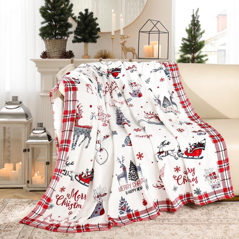 Christmas Throw Blanket Christmas Reindeer Blanket Ultra Soft Flannel Fleece Blankets Winter Plush Fuzzy Warm Bed Blankets Xmas Holiday Decor for Couch Bed 50" X 60"