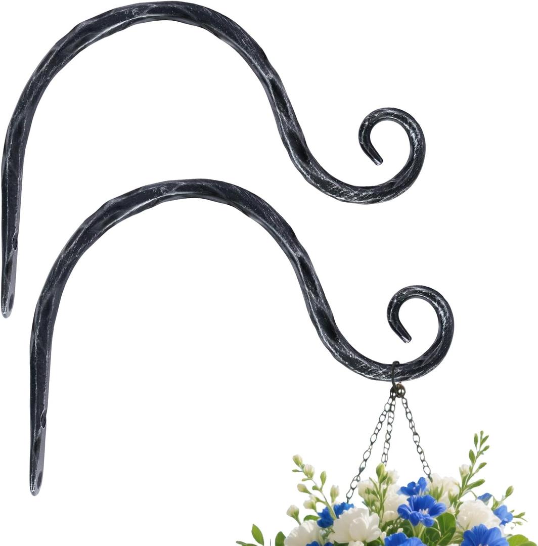 BEGINS Plant Hangers Outdoor Wrought Iron Metal Hanger Hook 2 Pack 8 inch Wall Bracket Hooks for Flower Pots, Wind Chimes, Solar Lanterns, Garden Decor (Black)