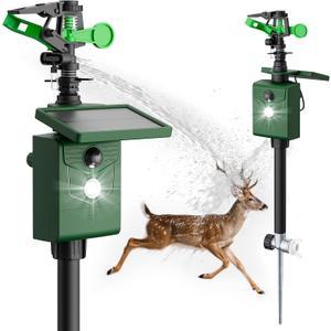 2 Packs Motion Activated Deer Repellent with Water Sprinkler, Solar Powered Cat Repellent Outdoor, IP65 Waterproof Deer Repellent Devices with Flashing Light, Deter Dogs Skunks Raccoons from Garden