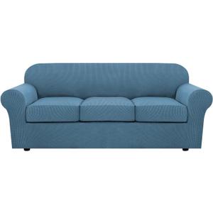 H.VERSAILTEX 4 Piece Stretch Sofa Covers for 3 Cushion Couch Covers for Living Room Furniture Slipcovers (Base Cover Plus 3 Seat Cushion Covers) Upgraded Thicker Jacquard Fabric (Sofa, Dusty Blue) (Large)