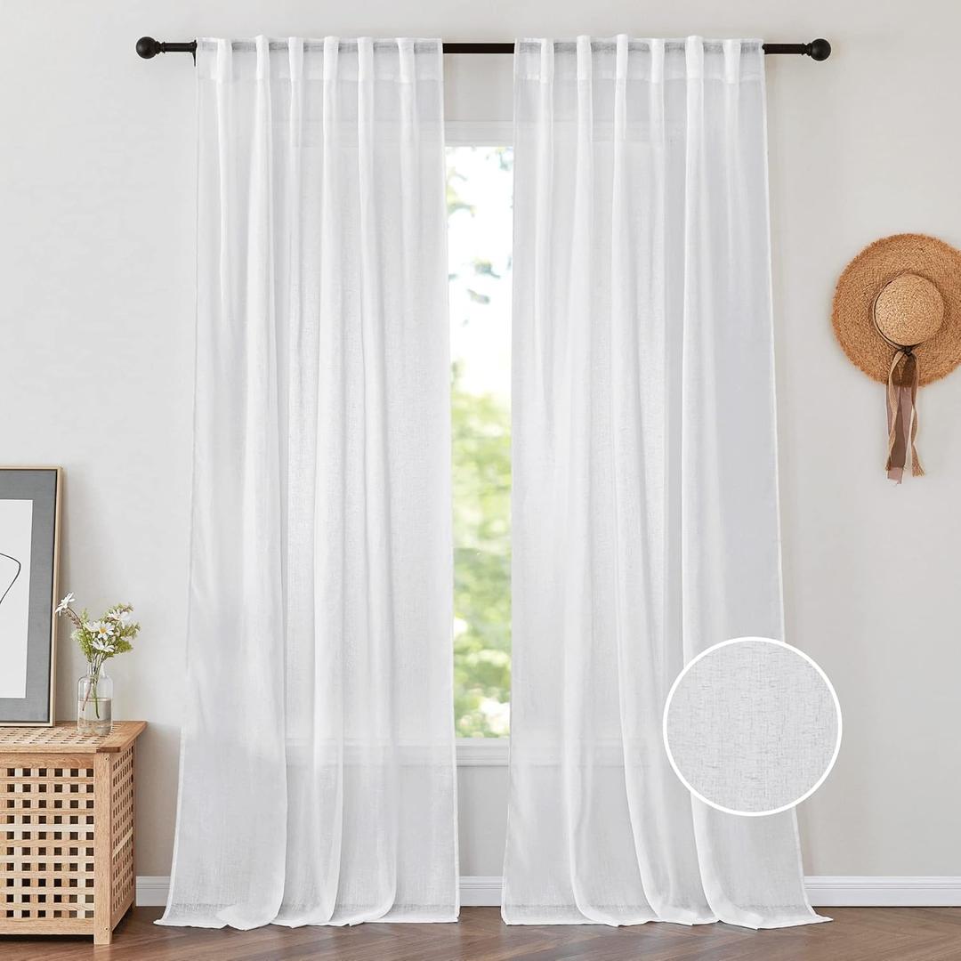 PONY DANCE White Semi Sheer Curtains 84 inches Long 2 Panels - Linen Texture Airy Privacy Sheer Drapes for Bedroom/Light Filtering Flax Window Treatments Curtain for Living Room, W 52 x L 84 (52"W x 84"L (Pack of 2))