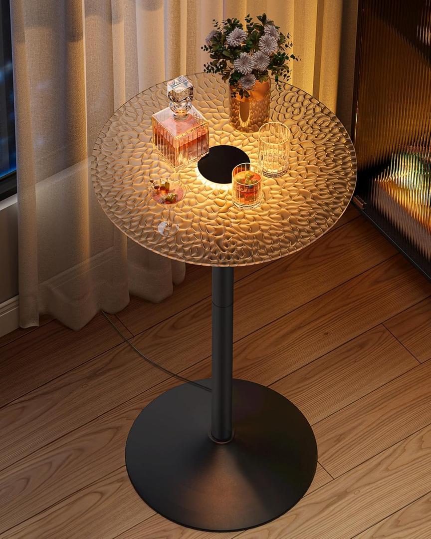 VASAGLE Round Bar Table, 41.3 Inches Tall Cocktail Pub Table with Multi-Colored Lights and Glass Top, Large Steel Base, for Kitchen, Bistro, Parties, Cloud White and Ink Black