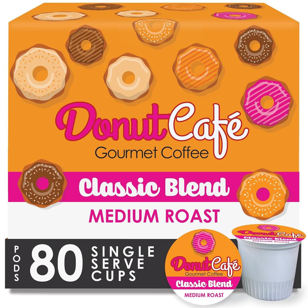 Donut Caf - Coffee Gourmet Pods, Classic Blend, Medium Roast Non-GMO, Gluten Free Compatible with Keurig K Cup Brewers Smooth & Delicious 80 Count, BBD 12/29/2027