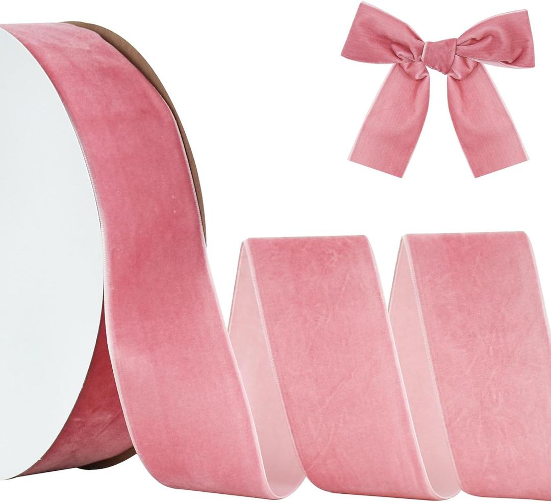 TONIFUL Pink Rose Gold Velvet Ribbon 2 Inch x 25yds, Vintage Velvet Wide Ribbons, for Christmas Wreath Decoration Handmade Craft Ornaments Gift Wrapping & Bow Making, Valentine's Day Bouquet packaging